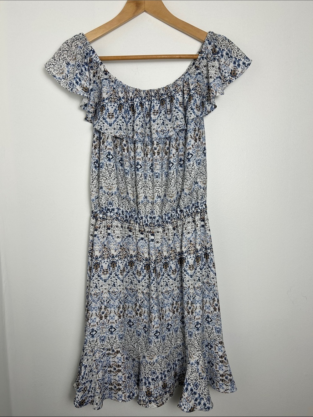 Eliane Rose Blue & White Boho Off Shoulder Dress XS